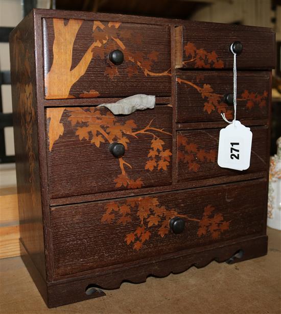 Japanese marquetry miniature chest containing items collected by a missionary, early 20th century